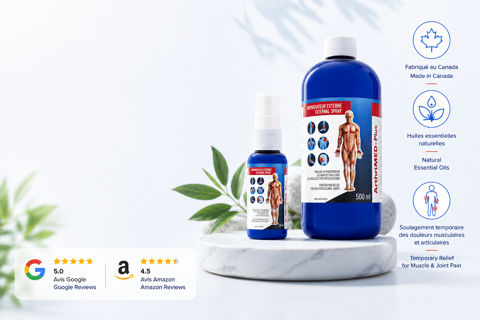 Two blue bottles of Arthrimed Plus essential oil spray, one large 500ml bottle and one smaller 100ml bottle, displayed on a white marble pedestal with decorative leaves. The image includes product feature icons on the right and Google and Amazon review badges on the bottom left.