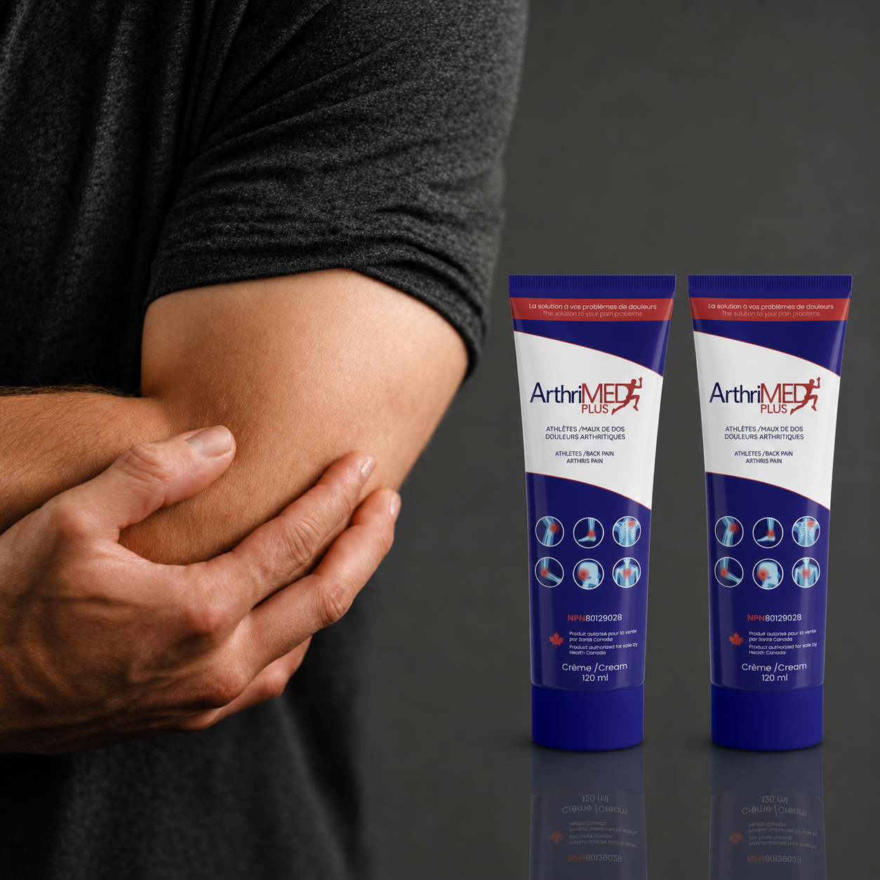 A person holding and cramping their upper arm is shown beside two tubes of ArthrMED Plus knee joint pain relief cream on a dark gray background.